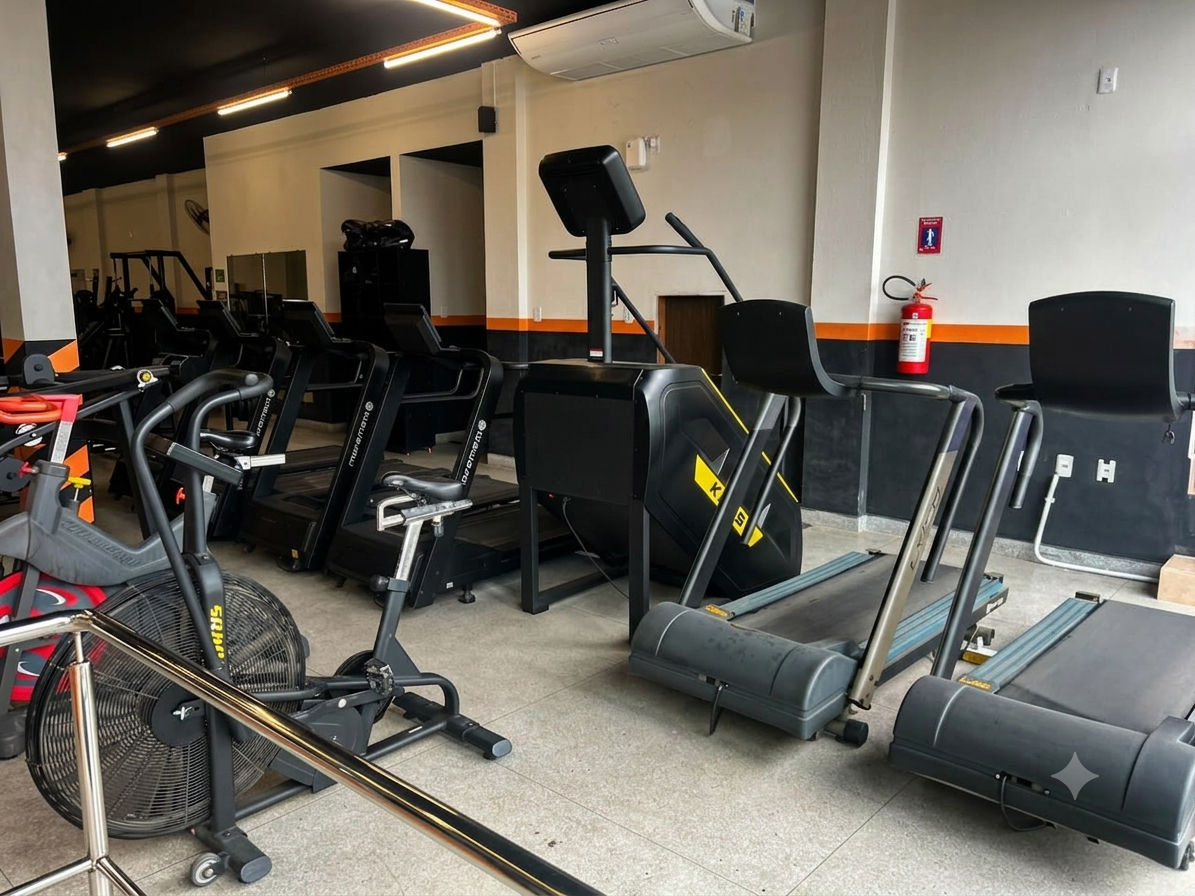 Área de cardio da AcadMeta com esteiras e bikes