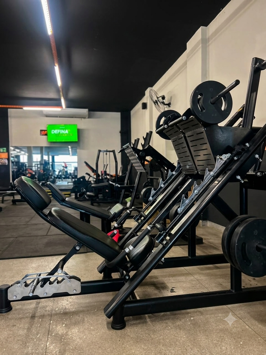Aparelhos de leg press no salão da AcadMeta